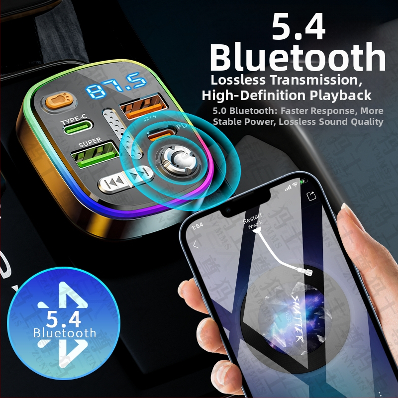 Autós Bluetooth-vevő veszteségmentes hangzással, MP3-lejátszó és gyors töltésű cigarettagyújtó töltő