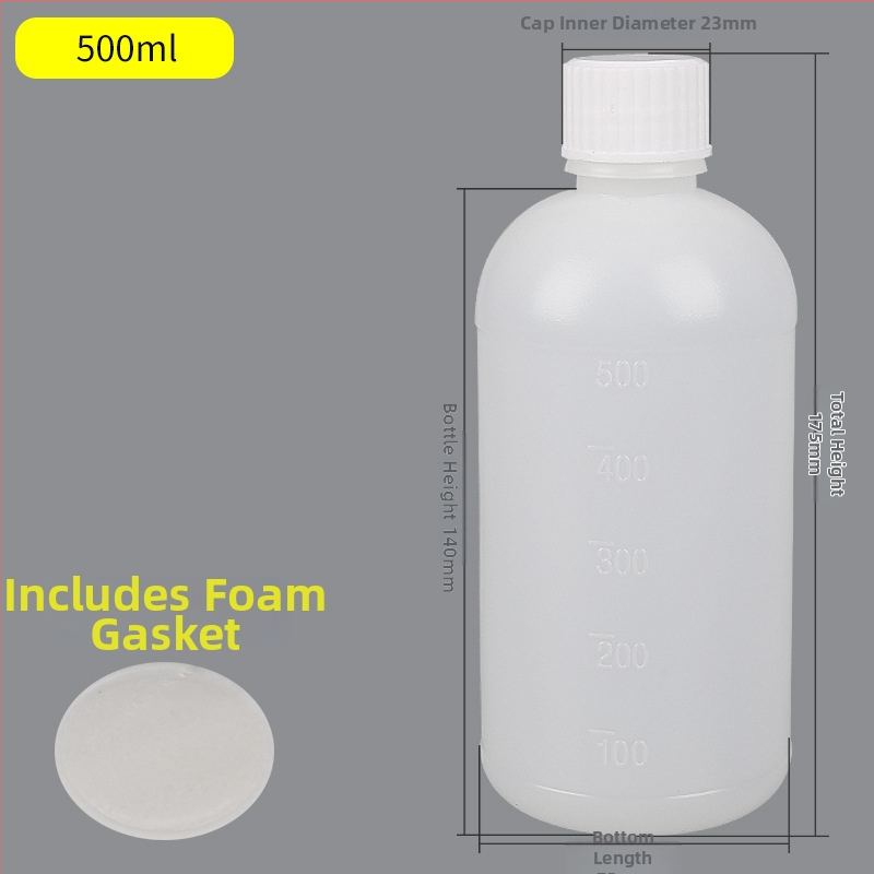 500 ml PE műanyag palack keskeny nyakkal és mérőskálával — részben átlátszó reagens palack csavaros kupakkal