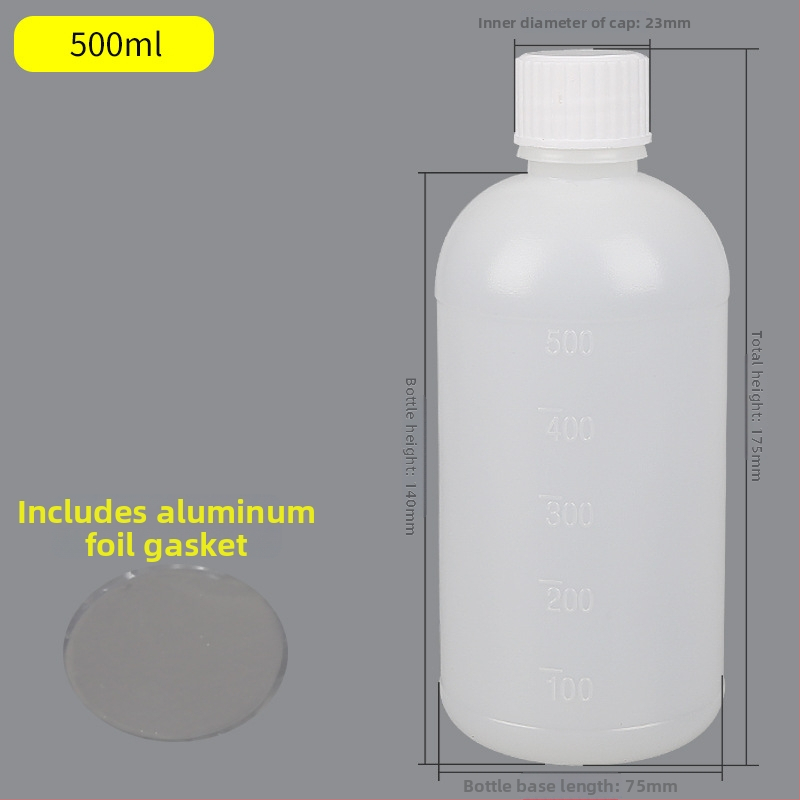 500 ml PE műanyag palack keskeny nyakkal és mérőskálával — részben átlátszó reagens palack csavaros kupakkal