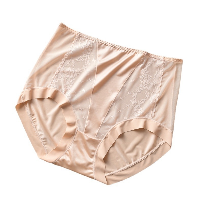 Plusz méretű hálószálas csipkés női alsónemű, magas derék, szatén Ice Silk felület, lélegző pamut bélés a szemérem résznél