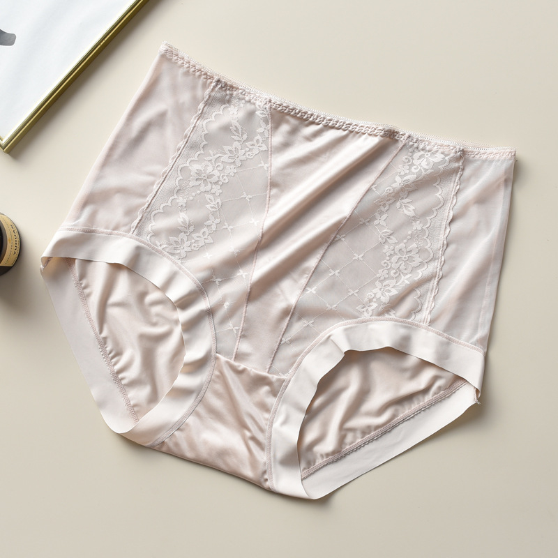 Plusz méretű hálószálas csipkés női alsónemű, magas derék, szatén Ice Silk felület, lélegző pamut bélés a szemérem résznél
