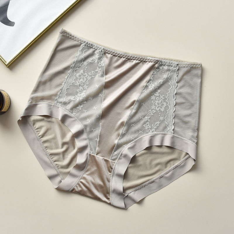 Plusz méretű hálószálas csipkés női alsónemű, magas derék, szatén Ice Silk felület, lélegző pamut bélés a szemérem résznél