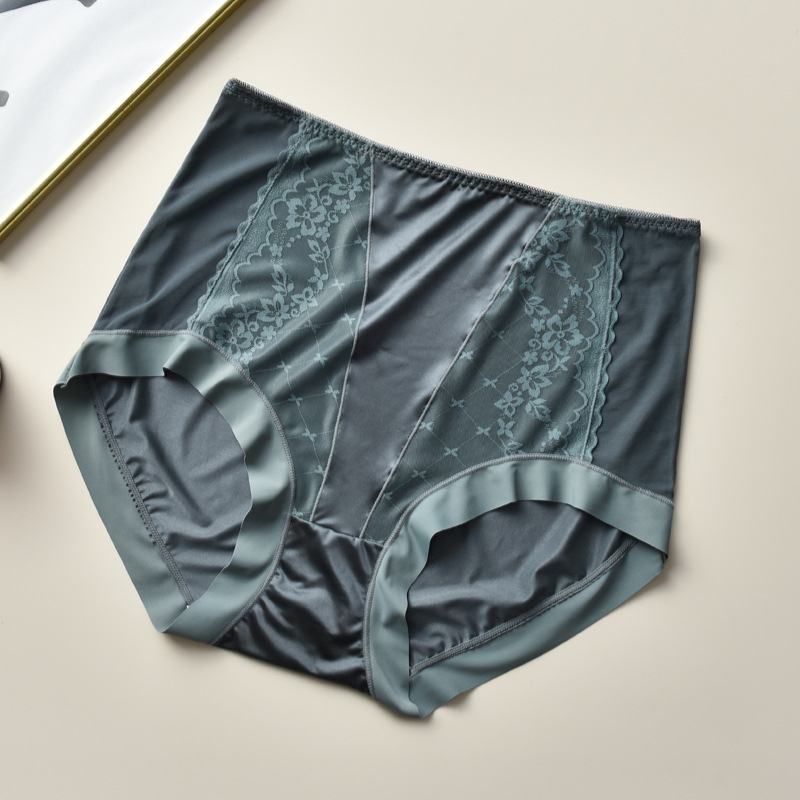 Plusz méretű hálószálas csipkés női alsónemű, magas derék, szatén Ice Silk felület, lélegző pamut bélés a szemérem résznél