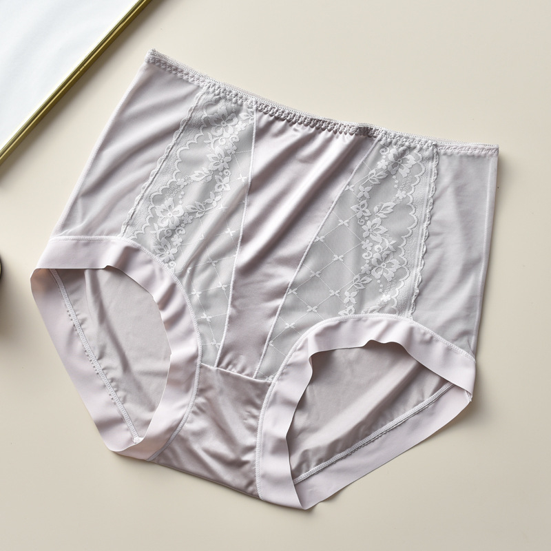 Plusz méretű hálószálas csipkés női alsónemű, magas derék, szatén Ice Silk felület, lélegző pamut bélés a szemérem résznél