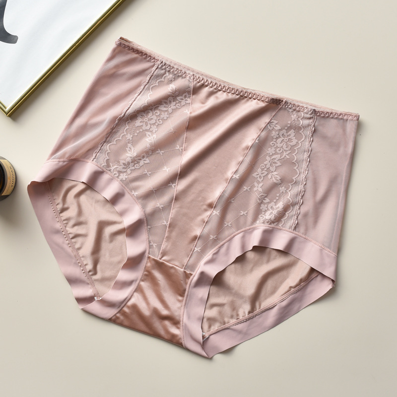 Plusz méretű hálószálas csipkés női alsónemű, magas derék, szatén Ice Silk felület, lélegző pamut bélés a szemérem résznél