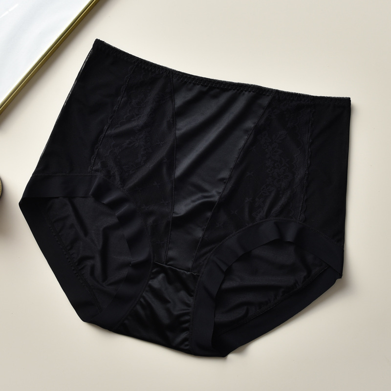 Plusz méretű hálószálas csipkés női alsónemű, magas derék, szatén Ice Silk felület, lélegző pamut bélés a szemérem résznél