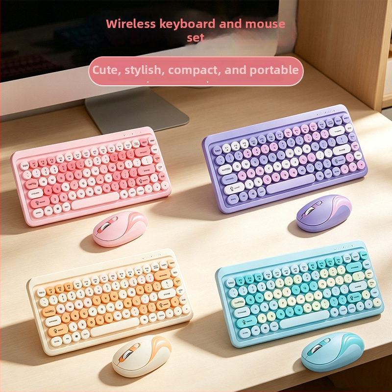 Pastell színű vezeték nélküli billentyűzet és egér készlet macaron-stílusban, retro kerek gombokkal