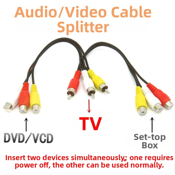 AV osztó kábel 1→2, RCA csatlakozók, 3 férfi 6 női, aranyozott réz, DVD / set-top box és televízió közötti csatlakoztatáshoz
