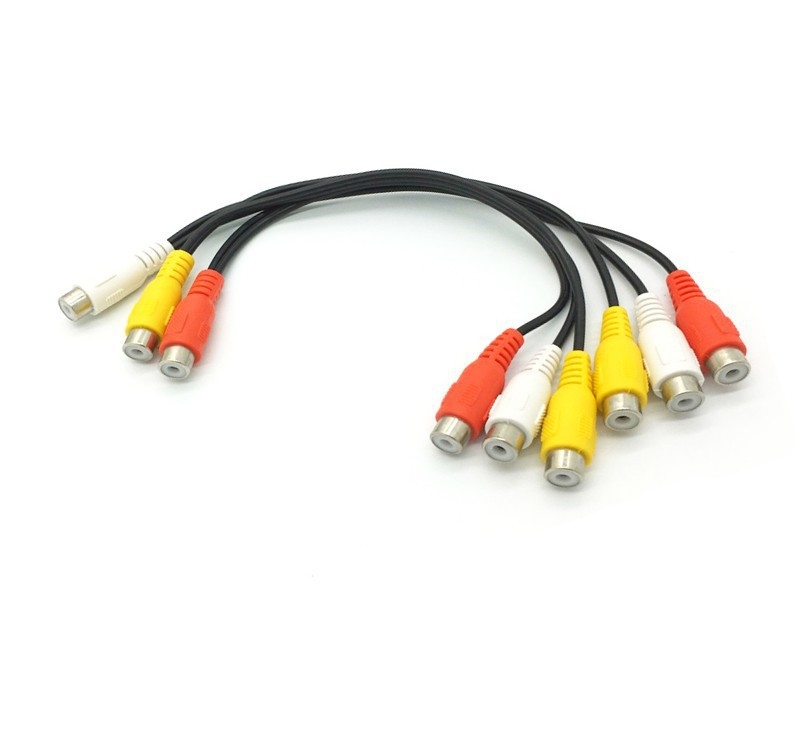 AV osztó kábel 1→2, RCA csatlakozók, 3 férfi 6 női, aranyozott réz, DVD / set-top box és televízió közötti csatlakoztatáshoz