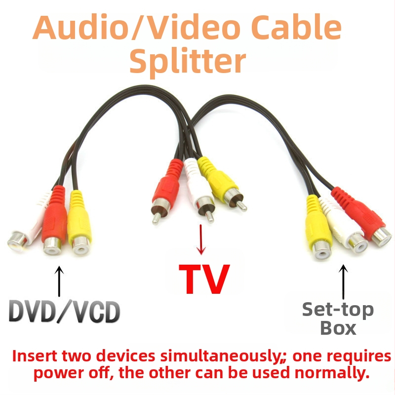AV osztó kábel 1→2, RCA csatlakozók, 3 férfi 6 női, aranyozott réz, DVD / set-top box és televízió közötti csatlakoztatáshoz
