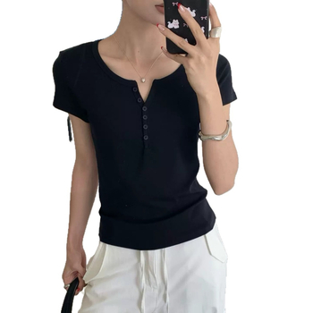 Anjulu Női nyári rövid ujjú T‑shirt, koreai stílus, egyszínű, félgombos elöl, karcsúsított szabás