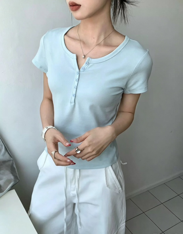 Anjulu Női nyári rövid ujjú T‑shirt, koreai stílus, egyszínű, félgombos elöl, karcsúsított szabás