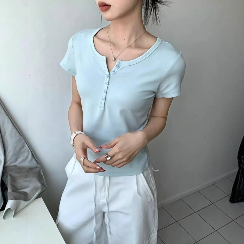 Anjulu Női nyári rövid ujjú T‑shirt, koreai stílus, egyszínű, félgombos elöl, karcsúsított szabás