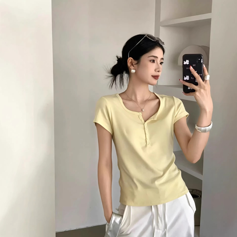 Anjulu Női nyári rövid ujjú T‑shirt, koreai stílus, egyszínű, félgombos elöl, karcsúsított szabás