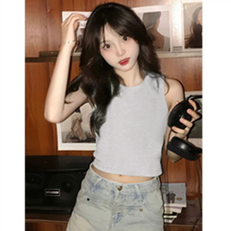 Női karcsú szabású rövid ujjatlan crop-top, 92% pamut, 8% elasztán, nyár, 3D mintázat