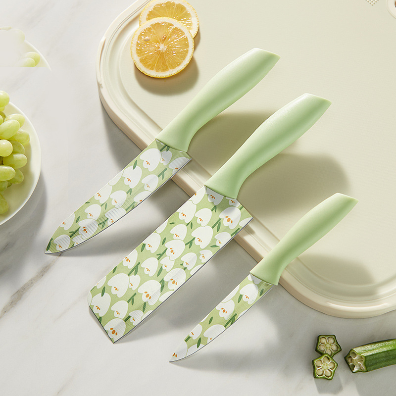 Set de cuțite bucătării Grass Bean cu imprimeu lalea — cuțit bucătărie, cuțit universal, cuțit pentru fructe și cuțit pentru feliat