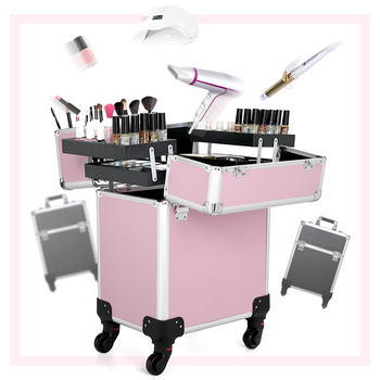 Valiză de machiaj profesională, cu capacitate mare, din aluminiu, cu role, pentru machiaj, microblading și artă a unghiilor