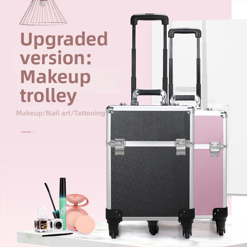 Valiză de machiaj profesională, cu capacitate mare, din aluminiu, cu role, pentru machiaj, microblading și artă a unghiilor