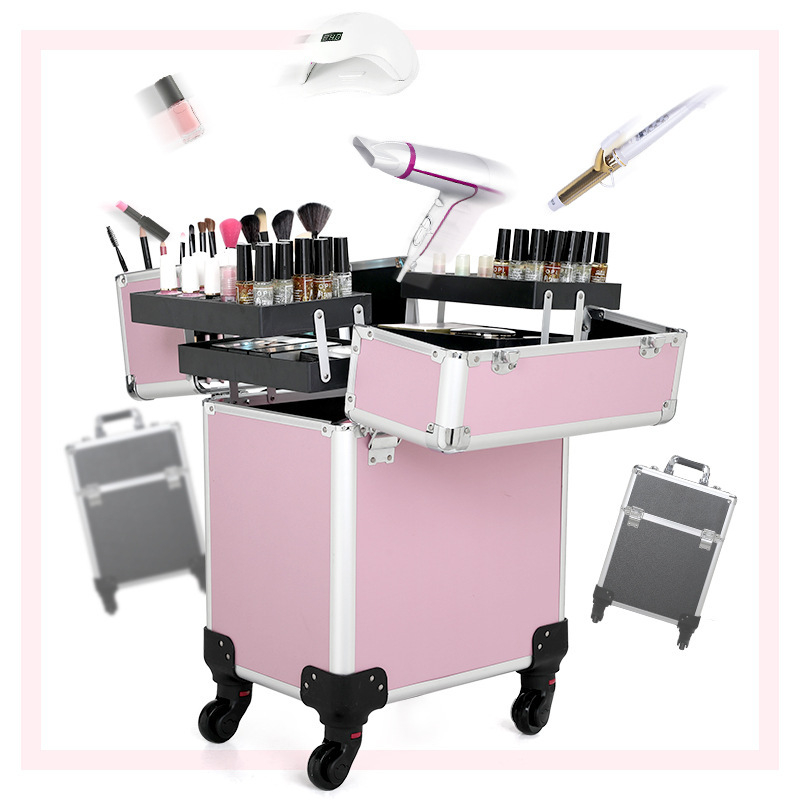 Valiză de machiaj profesională, cu capacitate mare, din aluminiu, cu role, pentru machiaj, microblading și artă a unghiilor