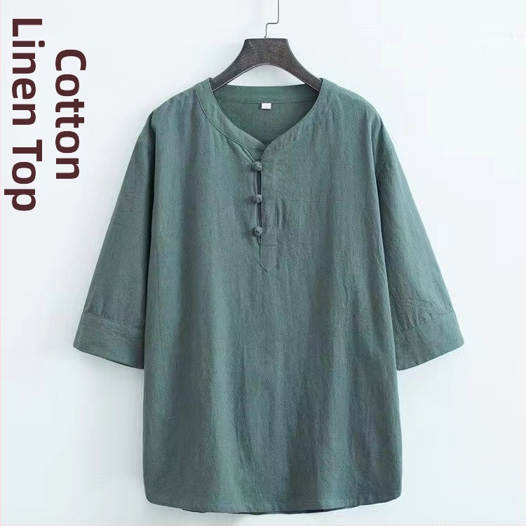 Tricou bărbătesc din bumbac, stil chinezesc, mâneci scurte, croială lejeră, cu nasturi