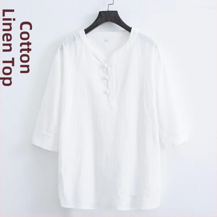 Tricou bărbătesc din bumbac, stil chinezesc, mâneci scurte, croială lejeră, cu nasturi