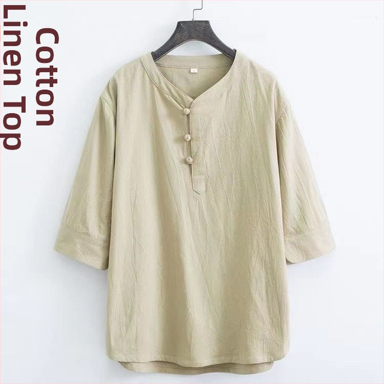 Tricou bărbătesc din bumbac, stil chinezesc, mâneci scurte, croială lejeră, cu nasturi