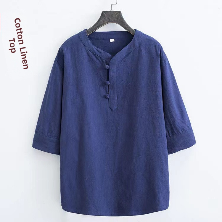 Tricou bărbătesc din bumbac, stil chinezesc, mâneci scurte, croială lejeră, cu nasturi