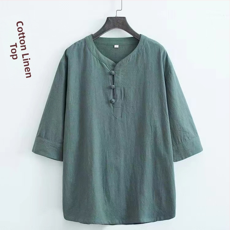 Tricou bărbătesc din bumbac, stil chinezesc, mâneci scurte, croială lejeră, cu nasturi