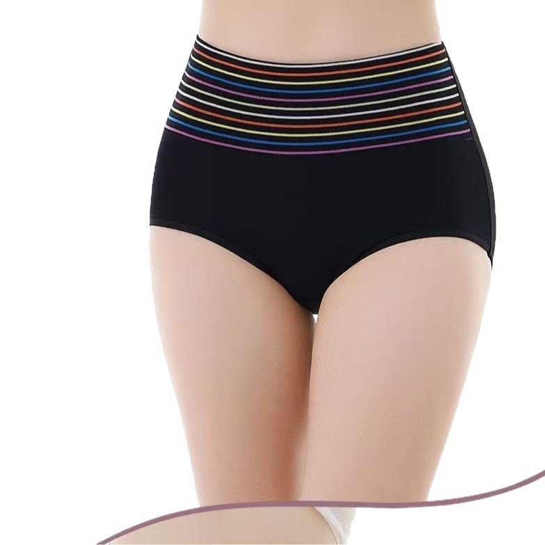 Chiloți pentru femei din bumbac cu talie înaltă, dungi, control al abdomenului și ridicare a fesierilor, respirabili