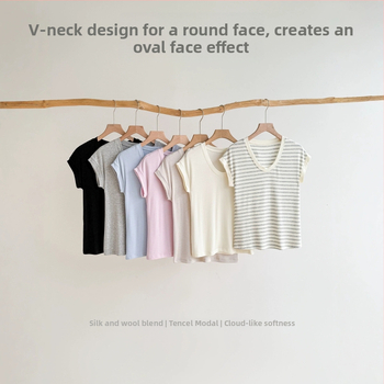 Tricou damă de vară din amestec mătase-lână, Tencel Modal, Slim Fit, guler în formă de U, umeri căzuți