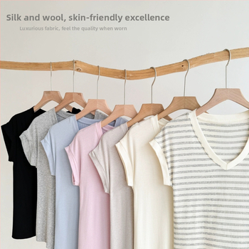Tricou damă de vară din amestec mătase-lână, Tencel Modal, Slim Fit, guler în formă de U, umeri căzuți