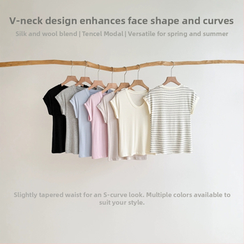 Tricou damă de vară din amestec mătase-lână, Tencel Modal, Slim Fit, guler în formă de U, umeri căzuți