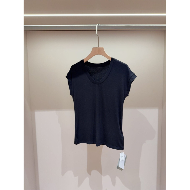 Tricou damă de vară din amestec mătase-lână, Tencel Modal, Slim Fit, guler în formă de U, umeri căzuți