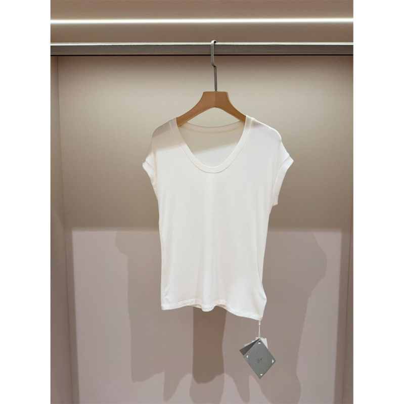 Tricou damă de vară din amestec mătase-lână, Tencel Modal, Slim Fit, guler în formă de U, umeri căzuți