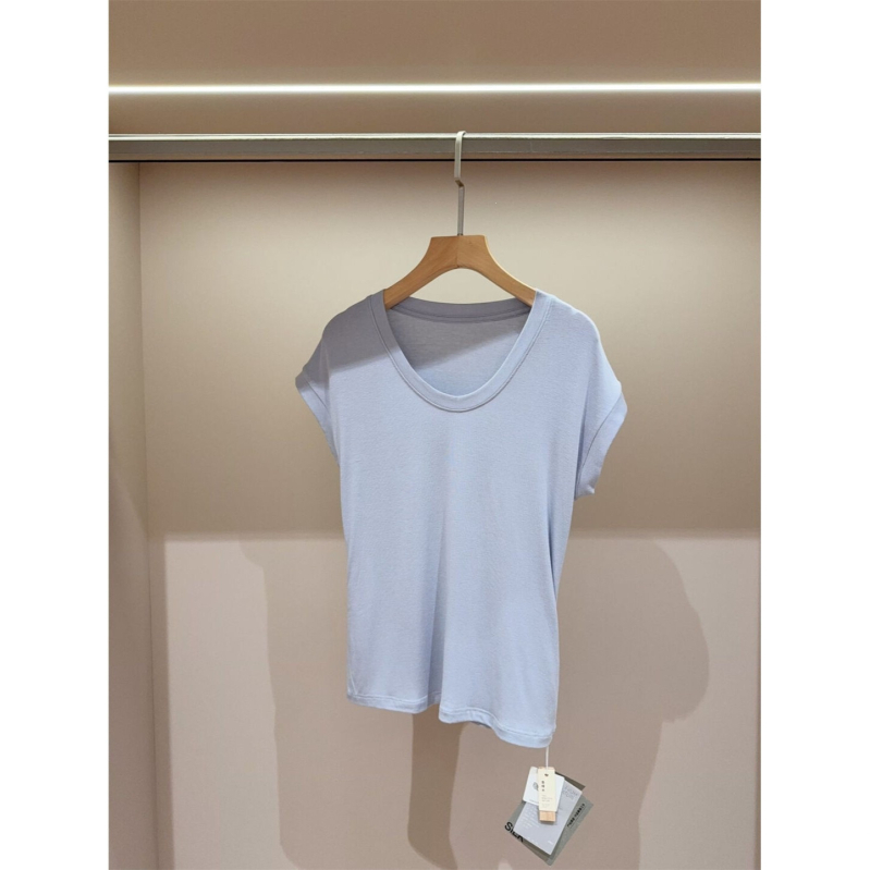 Tricou damă de vară din amestec mătase-lână, Tencel Modal, Slim Fit, guler în formă de U, umeri căzuți