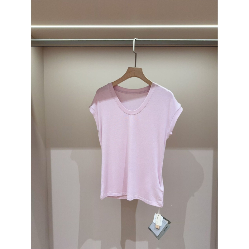 Tricou damă de vară din amestec mătase-lână, Tencel Modal, Slim Fit, guler în formă de U, umeri căzuți
