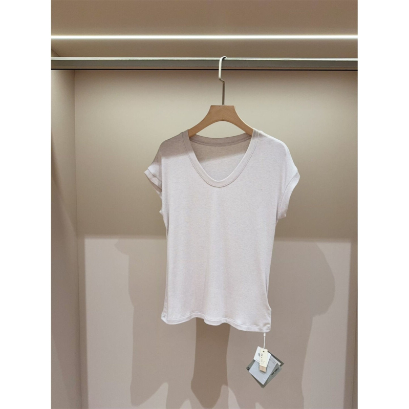 Tricou damă de vară din amestec mătase-lână, Tencel Modal, Slim Fit, guler în formă de U, umeri căzuți