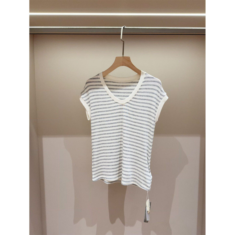 Tricou damă de vară din amestec mătase-lână, Tencel Modal, Slim Fit, guler în formă de U, umeri căzuți