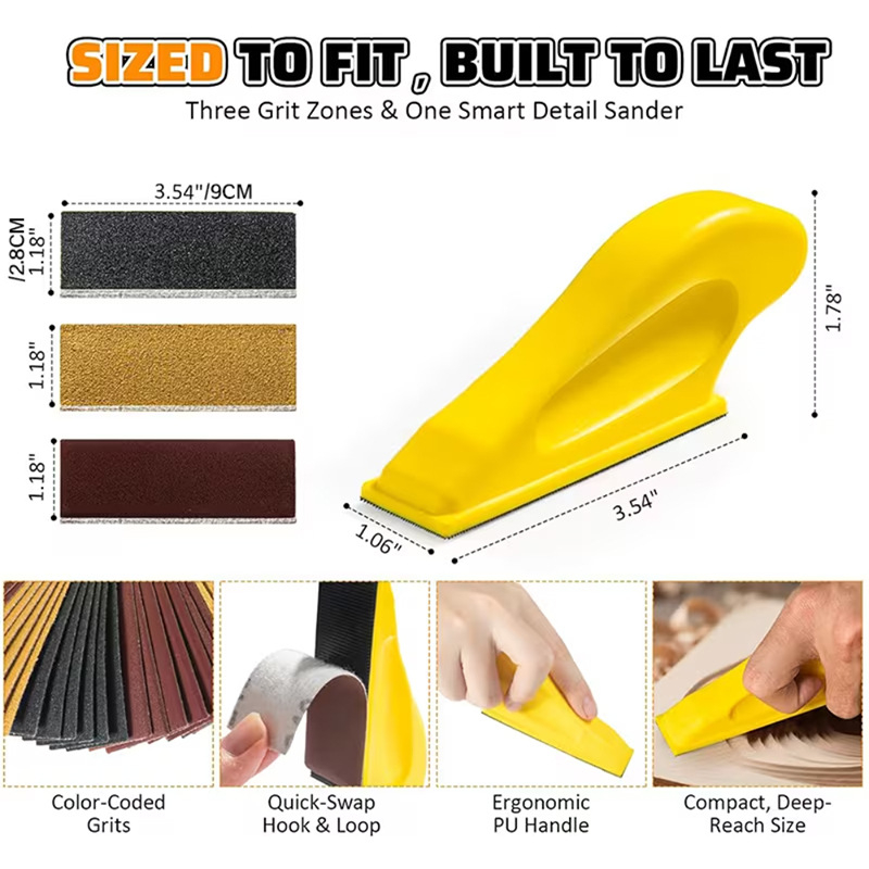 Set de șmirghel pentru lemn 30×90 mm, cu unelte de șlefuire manuală pentru finisare (foi pătrate)