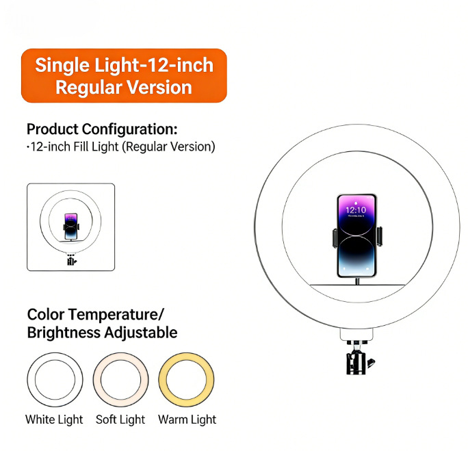 Lampă LED inel 12 inci pentru fotografiere pe birou și streaming live — iluminare de umplere moale pentru selfie, temperatură de culoare reglabilă