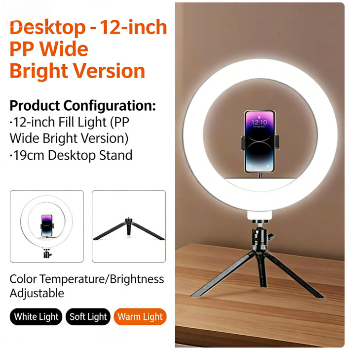 Lampă LED inel 12 inci pentru fotografiere pe birou și streaming live — iluminare de umplere moale pentru selfie, temperatură de culoare reglabilă