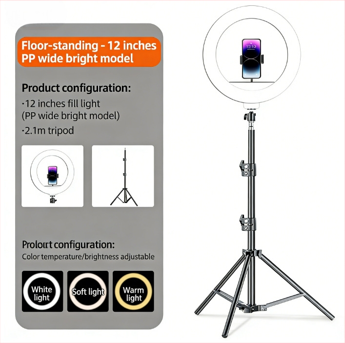 Lampă LED inel 12 inci pentru fotografiere pe birou și streaming live — iluminare de umplere moale pentru selfie, temperatură de culoare reglabilă