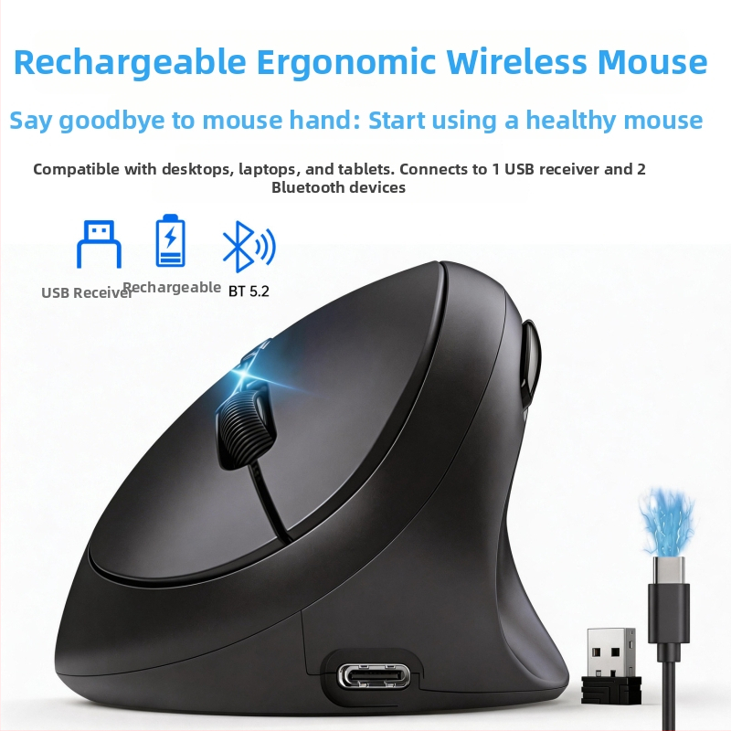 Ergonomická vertikálna myš v tvare vajca, Bluetooth, duálne nabíjanie, tichá prevádzka