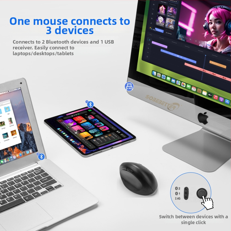 Ergonomická vertikálna myš v tvare vajca, Bluetooth, duálne nabíjanie, tichá prevádzka
