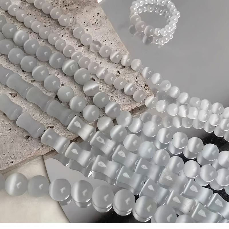 Margele din piatră ochi de pisică cu segmente de bambus pentru bijuterii DIY – mărgele lustruite manual, pentru brățări, coliere, cercei și pandantive – semifabricate