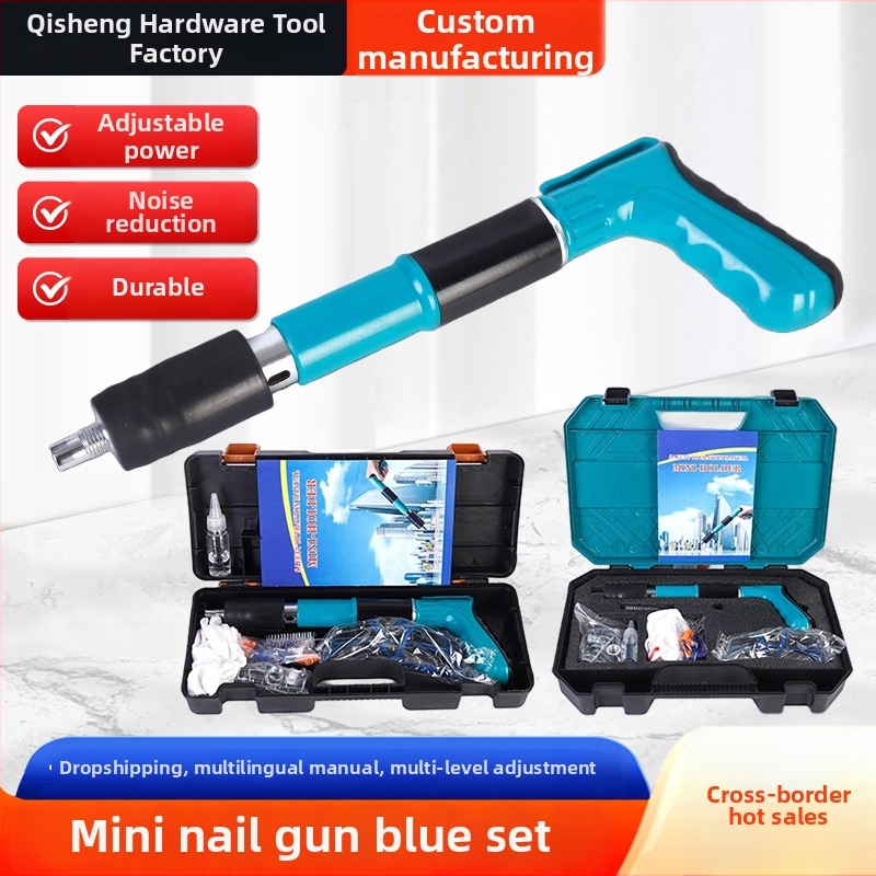 Pistol cuie mini, albastru, pentru tâmplărie și decor, fixare de tavan