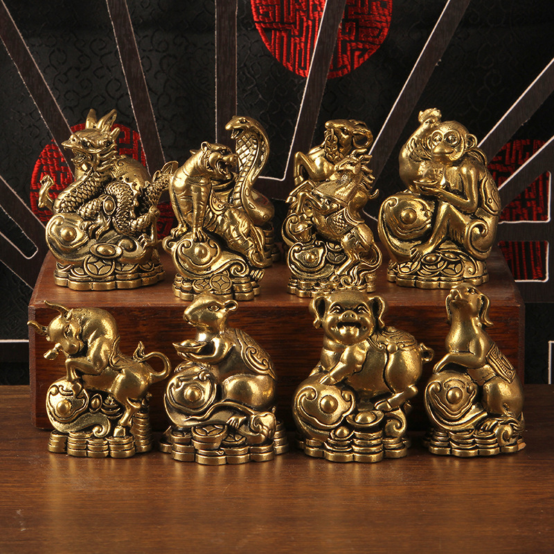 Set decorativ din alamă cu monede goale, 12 zodii chineze, figurine 3D pentru birou
