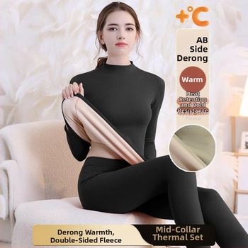 Set de lenjerie termică cu căptușeală din fleece, gros pentru toamnă și iarnă, tops și pantaloni termici pentru femei, țesătură periată pe ambele fețe