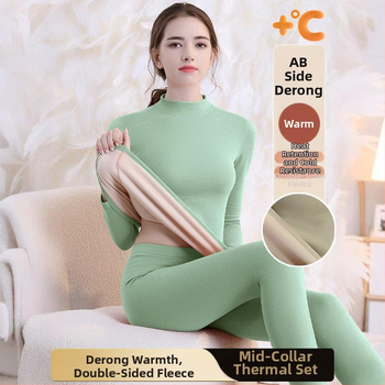 Set de lenjerie termică cu căptușeală din fleece, gros pentru toamnă și iarnă, tops și pantaloni termici pentru femei, țesătură periată pe ambele fețe