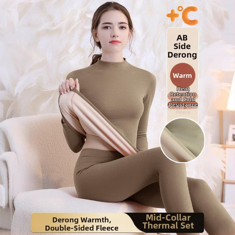 Set de lenjerie termică cu căptușeală din fleece, gros pentru toamnă și iarnă, tops și pantaloni termici pentru femei, țesătură periată pe ambele fețe